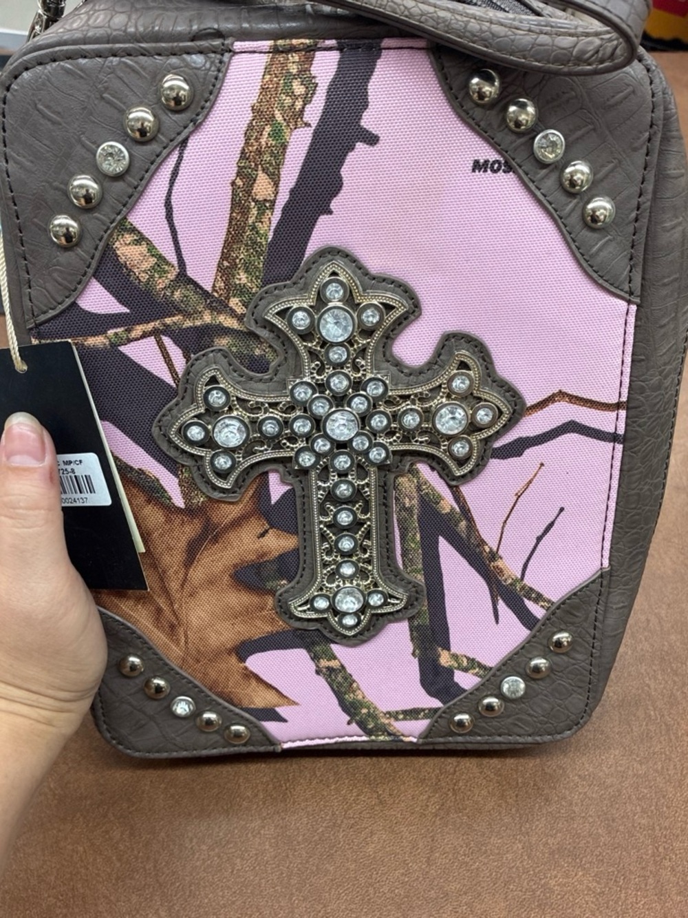 Mossy Oak Pink Camo Cross Studded Crossbody Bag
